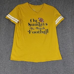 NO BOUNDARIES WOMENS YELLOW MUSTARD FOOTBALL SHORT SLEEVE VNECK TSHIRT SIZE S